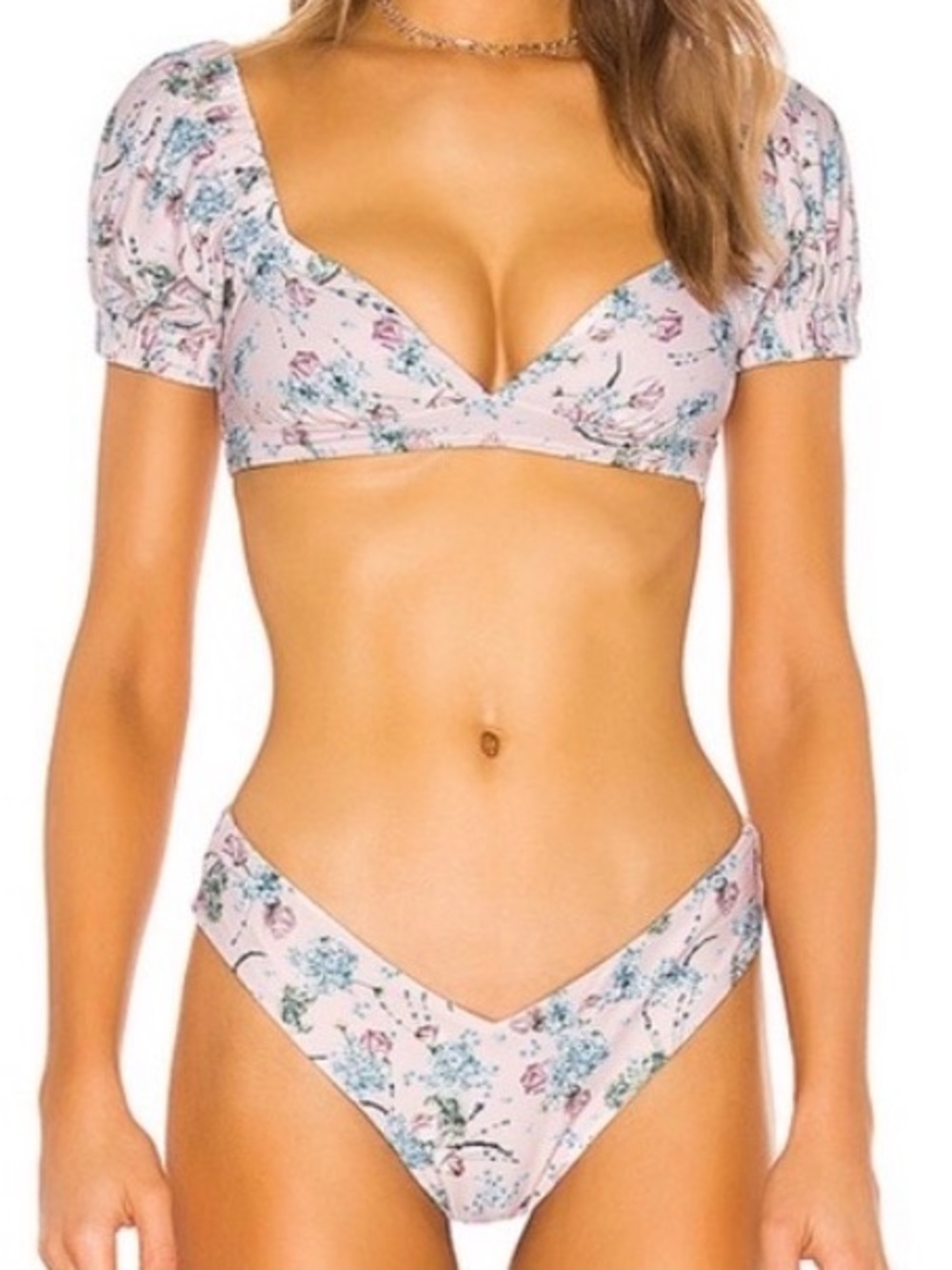 WeWoreWhat Pink Floral Puff-Sleeve Bikini Top & V-Waist Bottom Set
